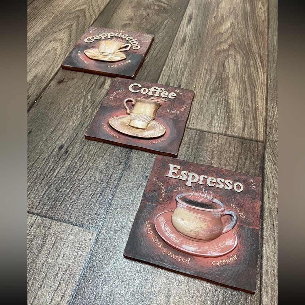 Rustic Coffee Bistro Wall Art Tiles | Espresso Cappuccino Decor (Set of 3) - Picture 3 of 5